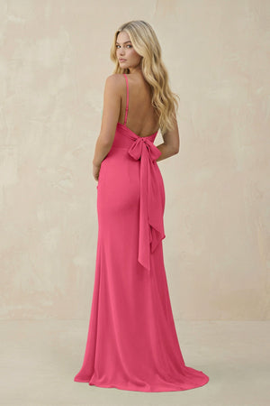 Cowl Neck Sheath Chiffon Bridesmaid Dress with Corset in Fuchsia - KissProm Bridesmaid Dresses