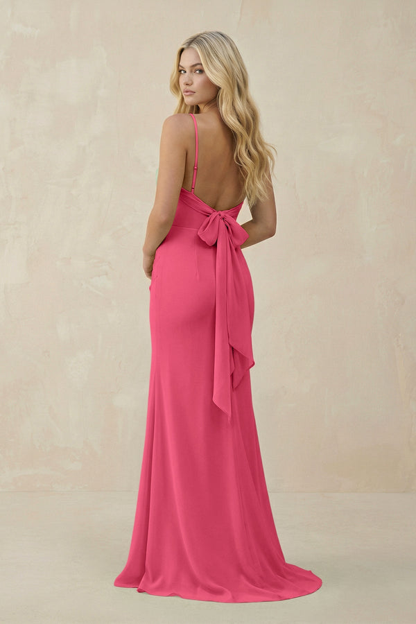 Cowl Neck Sheath Chiffon Bridesmaid Dress with Corset in Fuchsia - KissProm Bridesmaid Dresses