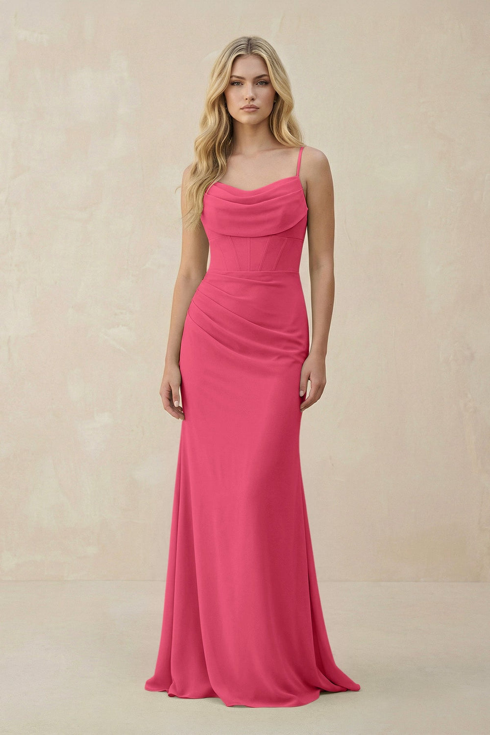 Cowl Neck Sheath Chiffon Bridesmaid Dress with Corset in Fuchsia - KissProm Bridesmaid Dresses