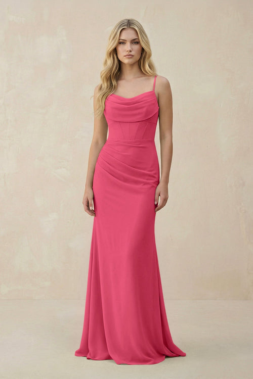 Cowl Neck Sheath Chiffon Bridesmaid Dress with Corset in Fuchsia - KissProm Bridesmaid Dresses