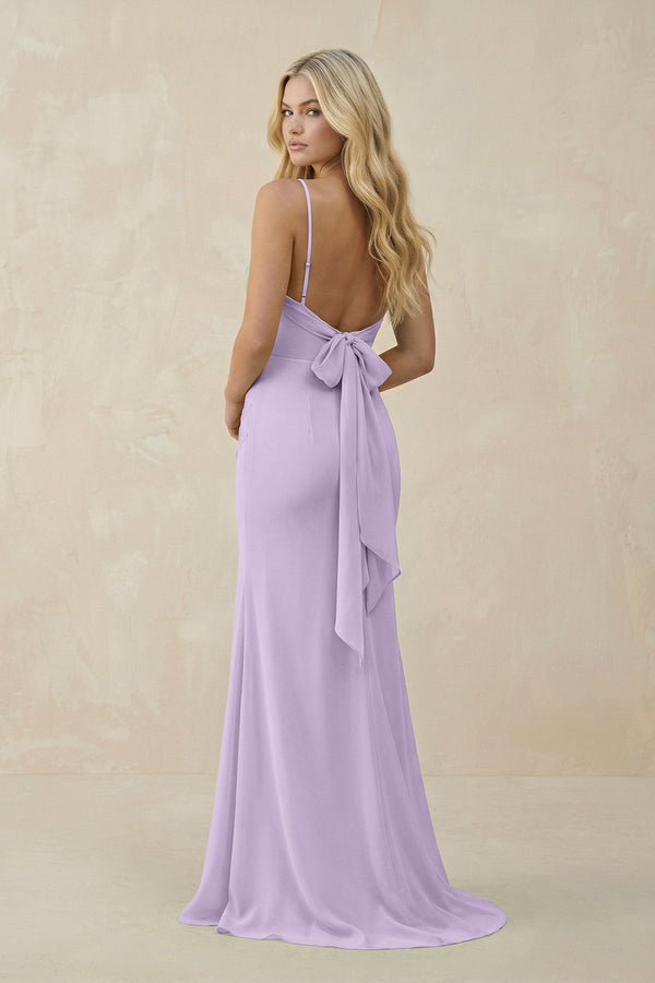 Cowl Neck Sheath Chiffon Bridesmaid Dress with Corset in Lavender - KissProm Bridesmaid Dresses