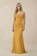Cowl Neck Sheath Chiffon Bridesmaid Dress with Corset in Marigold - KissProm Bridesmaid Dresses