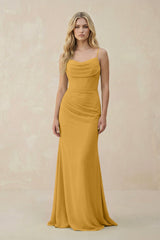 Cowl Neck Sheath Chiffon Bridesmaid Dress with Corset in Marigold - KissProm Bridesmaid Dresses