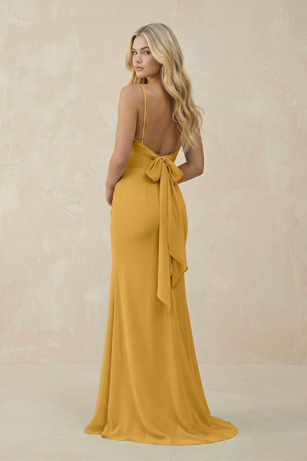 KissProm Cowl Neck Sheath Chiffon Bridesmaid Dress with Corset in Marigold, Marigold / 24
