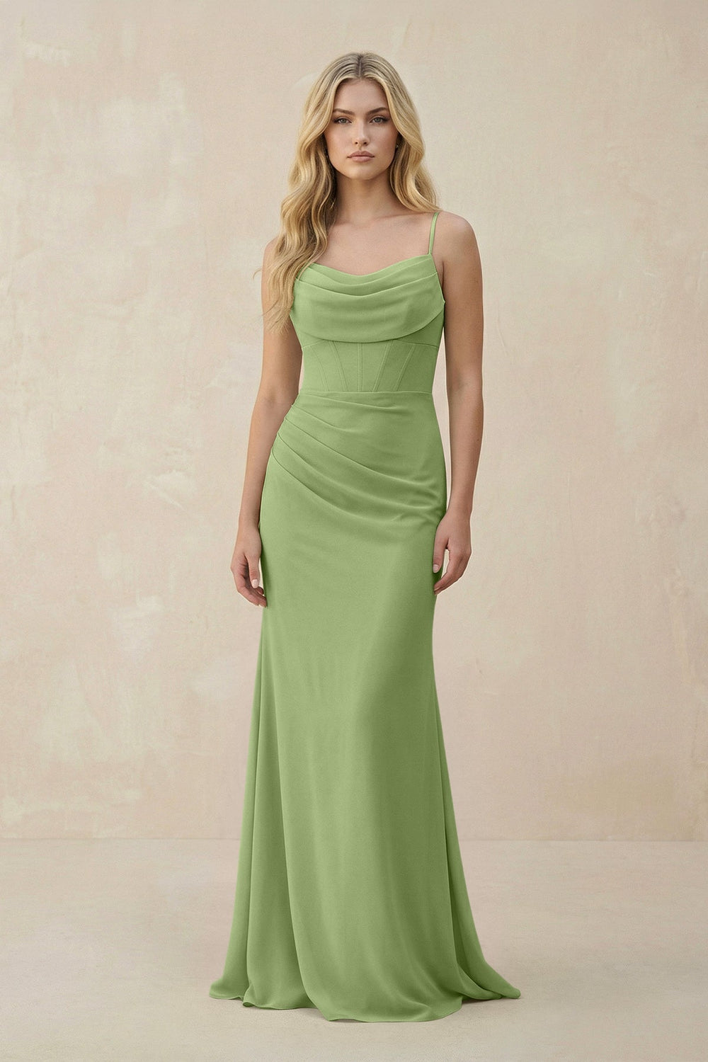 Cowl Neck Sheath Chiffon Bridesmaid Dress with Corset in Matcha - KissProm Bridesmaid Dresses
