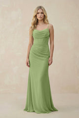 Cowl Neck Sheath Chiffon Bridesmaid Dress with Corset in Matcha - KissProm Bridesmaid Dresses