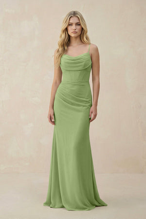 Cowl Neck Sheath Chiffon Bridesmaid Dress with Corset in Matcha - KissProm Bridesmaid Dresses