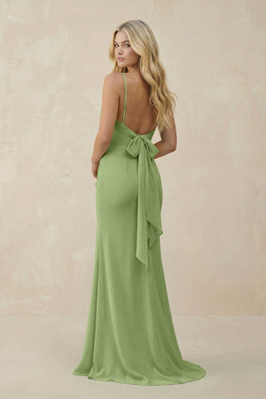 Cowl Neck Sheath Chiffon Bridesmaid Dress with Corset in Matcha - KissProm Bridesmaid Dresses
