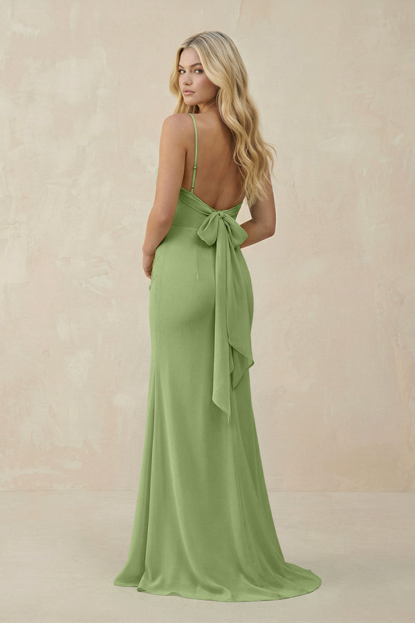 Cowl Neck Sheath Chiffon Bridesmaid Dress with Corset in Matcha - KissProm Bridesmaid Dresses