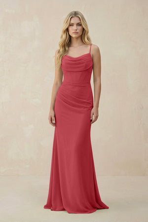Cowl Neck Sheath Chiffon Bridesmaid Dress with Corset in Merlot - KissProm Bridesmaid Dresses