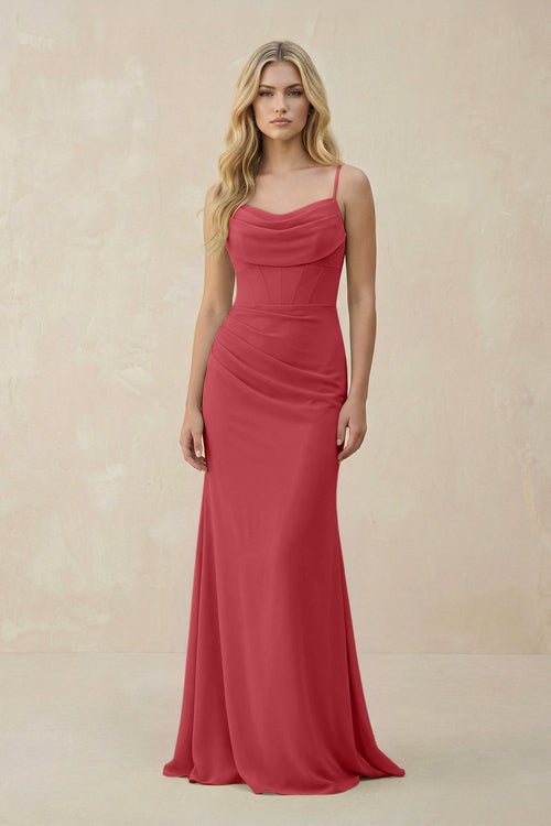 Cowl Neck Sheath Chiffon Bridesmaid Dress with Corset in Merlot - KissProm Bridesmaid Dresses