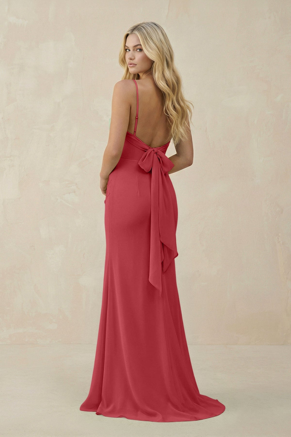 Cowl Neck Sheath Chiffon Bridesmaid Dress with Corset in Merlot - KissProm Bridesmaid Dresses