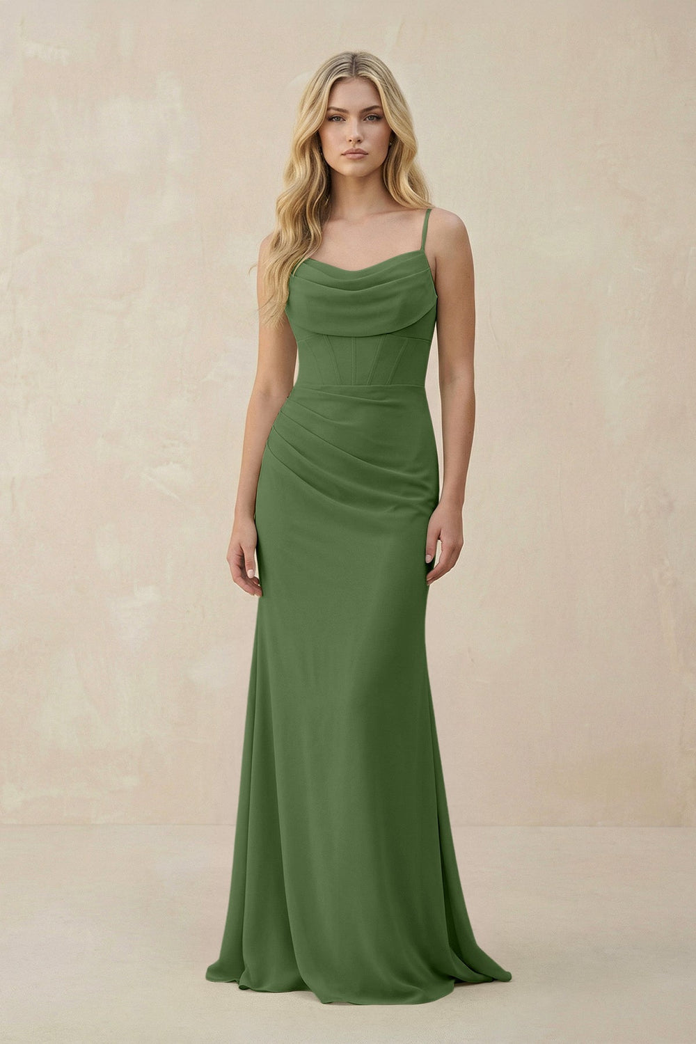 Cowl Neck Sheath Chiffon Bridesmaid Dress with Corset in Moss - KissProm Bridesmaid Dresses