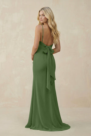 Cowl Neck Sheath Chiffon Bridesmaid Dress with Corset in Moss - KissProm Bridesmaid Dresses