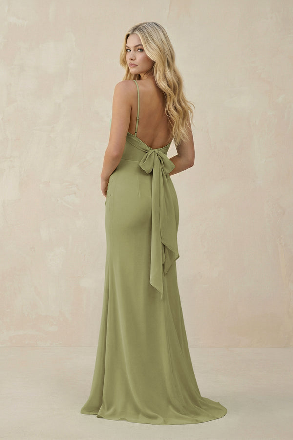 Cowl Neck Sheath Chiffon Bridesmaid Dress with Corset in Moss Green - KissProm Bridesmaid Dresses