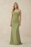 Cowl Neck Sheath Chiffon Bridesmaid Dress with Corset in Moss Green - KissProm Bridesmaid Dresses
