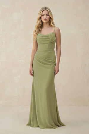Cowl Neck Sheath Chiffon Bridesmaid Dress with Corset in Moss Green - KissProm Bridesmaid Dresses