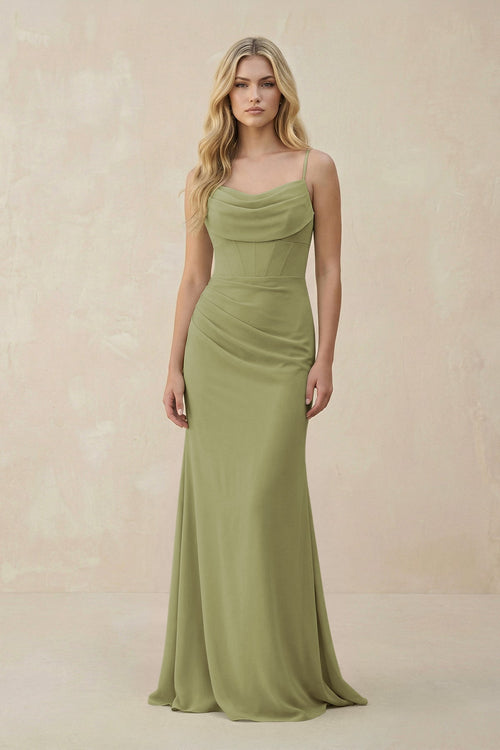 Cowl Neck Sheath Chiffon Bridesmaid Dress with Corset in Moss Green - KissProm Bridesmaid Dresses