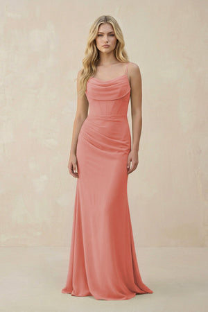 Cowl Neck Sheath Chiffon Bridesmaid Dress with Corset in Mulberry - KissProm Bridesmaid Dresses