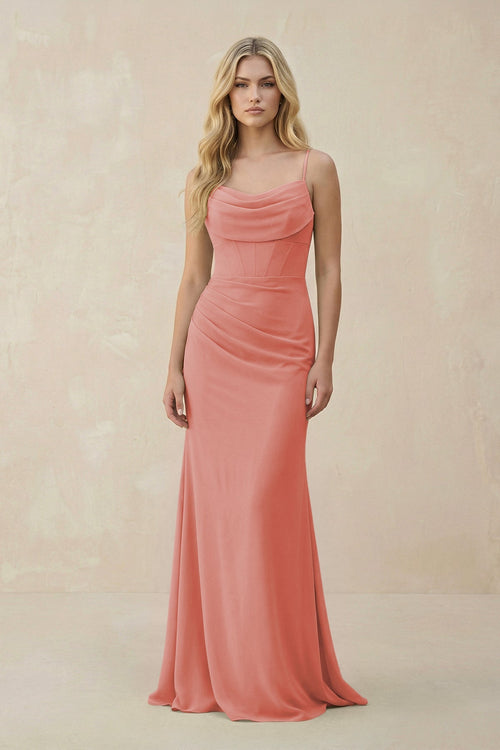 Cowl Neck Sheath Chiffon Bridesmaid Dress with Corset in Mulberry - KissProm Bridesmaid Dresses