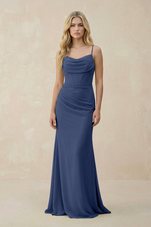 KissProm Cowl Neck Sheath Chiffon Bridesmaid Dress with Corset in Navy, Navy / 6