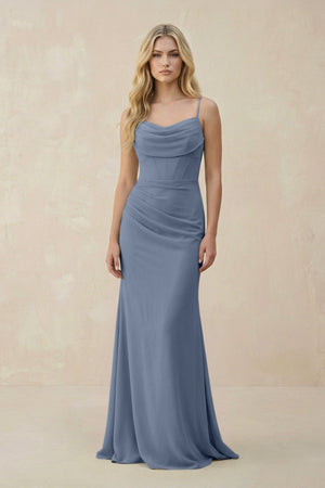 Cowl Neck Sheath Chiffon Bridesmaid Dress with Corset in Neptune - KissProm Bridesmaid Dresses