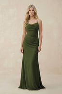 Cowl Neck Sheath Chiffon Bridesmaid Dress with Corset in Olive - KissProm Bridesmaid Dresses