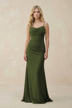 Cowl Neck Sheath Chiffon Bridesmaid Dress with Corset in Olive - KissProm Bridesmaid Dresses
