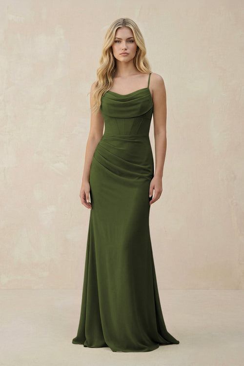 Cowl Neck Sheath Chiffon Bridesmaid Dress with Corset in Olive - KissProm Bridesmaid Dresses