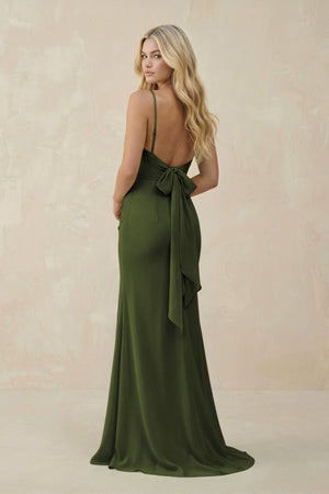 Cowl Neck Sheath Chiffon Bridesmaid Dress with Corset in Olive - KissProm Bridesmaid Dresses