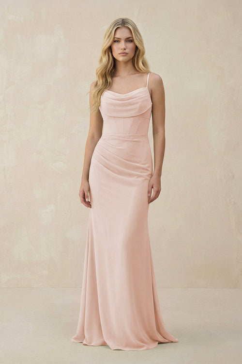 Cowl Neck Sheath Chiffon Bridesmaid Dress with Corset in Pale Blush - KissProm Bridesmaid Dresses