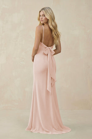 Cowl Neck Sheath Chiffon Bridesmaid Dress with Corset in Pale Blush - KissProm Bridesmaid Dresses