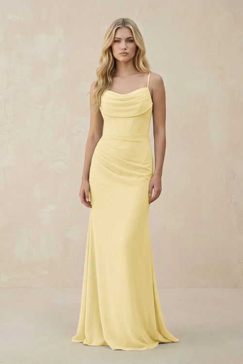 KissProm Cowl Neck Sheath Chiffon Bridesmaid Dress with Corset in Pastel Yellow, Pastel Yellow / 14