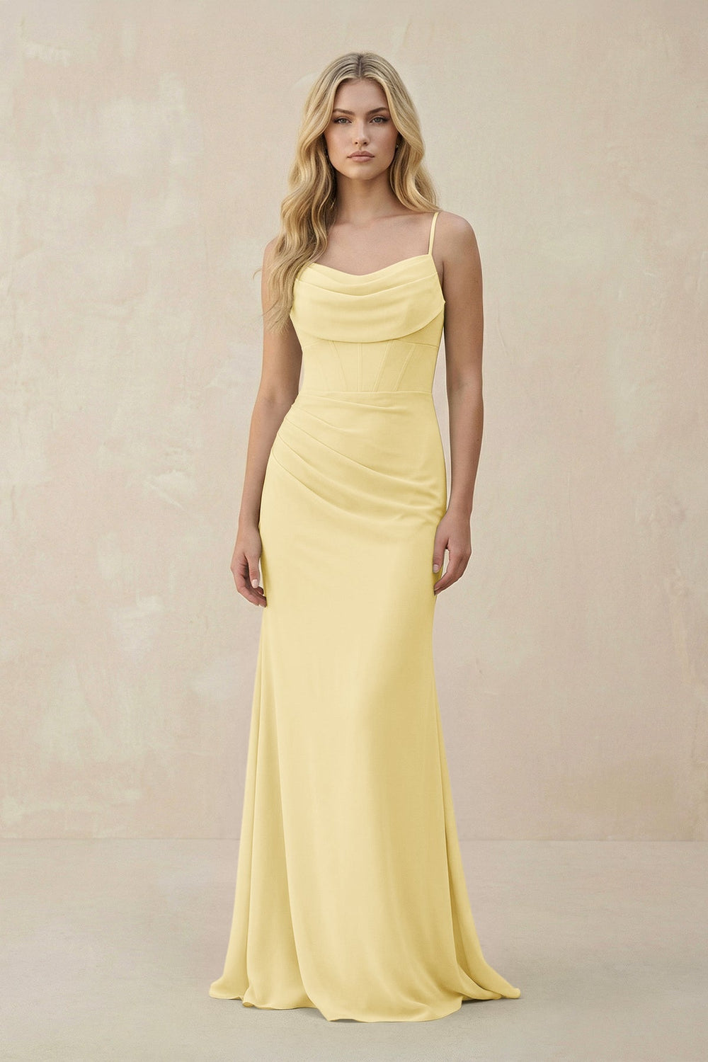 Cowl Neck Sheath Chiffon Bridesmaid Dress with Corset in Pastel Yellow - KissProm Bridesmaid Dresses