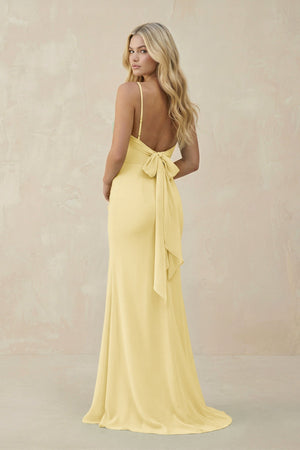 Cowl Neck Sheath Chiffon Bridesmaid Dress with Corset in Pastel Yellow - KissProm Bridesmaid Dresses