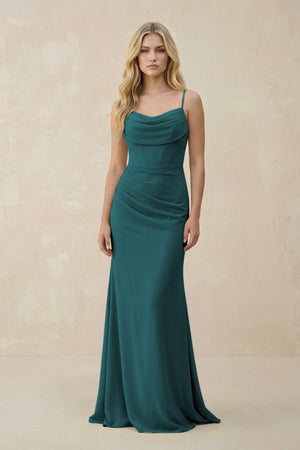 Cowl Neck Sheath Chiffon Bridesmaid Dress with Corset in Pine - KissProm Bridesmaid Dresses