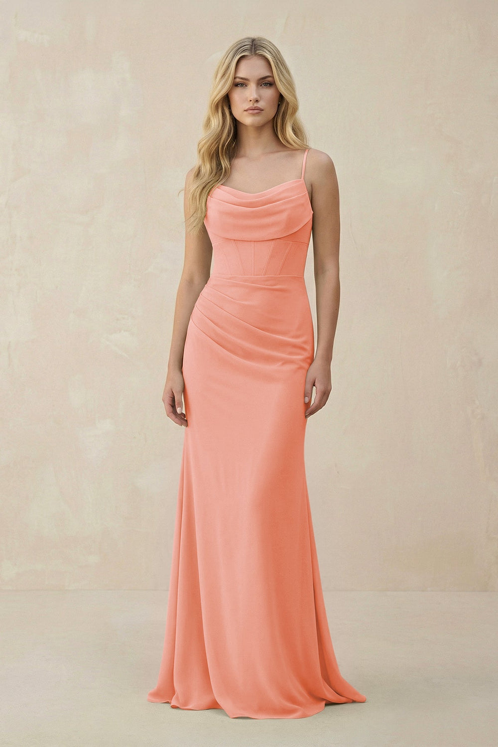 Cowl Neck Sheath Chiffon Bridesmaid Dress with Corset in Rosette - KissProm Bridesmaid Dresses