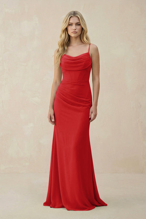 Cowl Neck Sheath Chiffon Bridesmaid Dress with Corset in Ruby Red - KissProm Bridesmaid Dresses