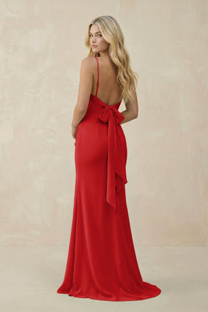 Cowl Neck Sheath Chiffon Bridesmaid Dress with Corset in Ruby Red - KissProm Bridesmaid Dresses