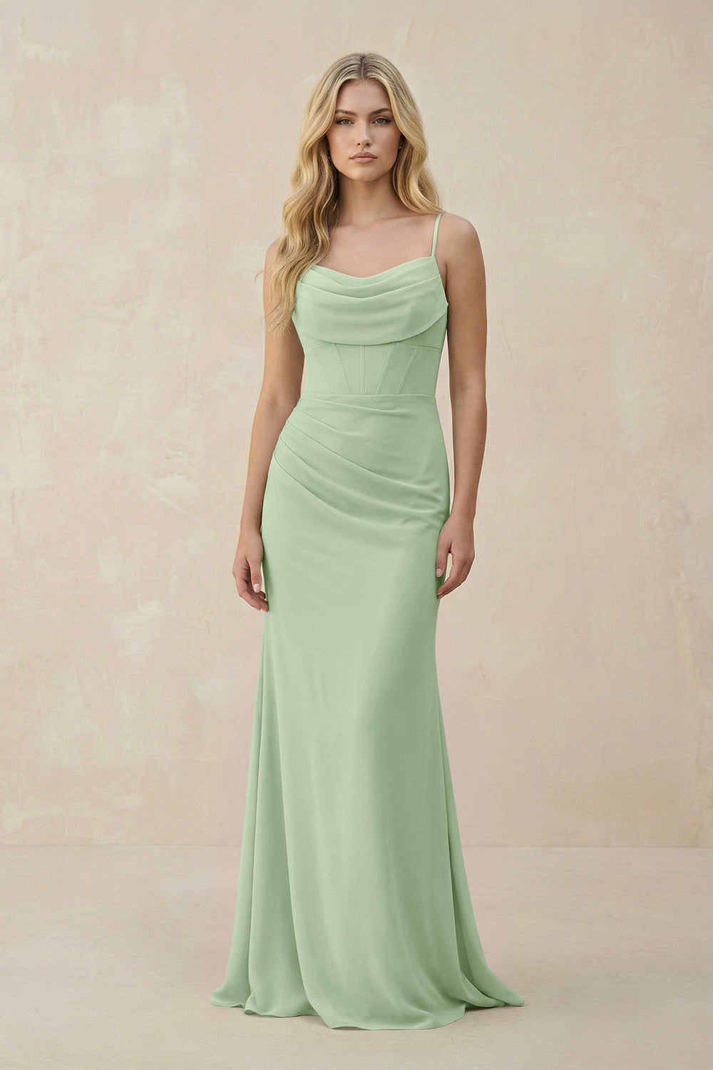 Cowl Neck Sheath Chiffon Bridesmaid Dress with Corset in Sage - KissProm Bridesmaid Dresses