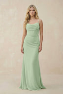 Cowl Neck Sheath Chiffon Bridesmaid Dress with Corset in Sage - KissProm Bridesmaid Dresses