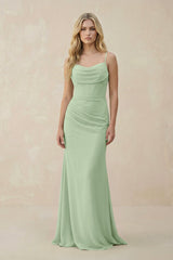Cowl Neck Sheath Chiffon Bridesmaid Dress with Corset in Sage - KissProm Bridesmaid Dresses