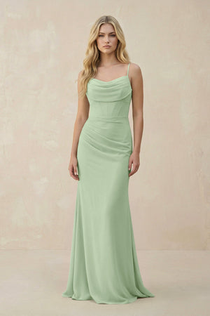 Cowl Neck Sheath Chiffon Bridesmaid Dress with Corset in Sage - KissProm Bridesmaid Dresses