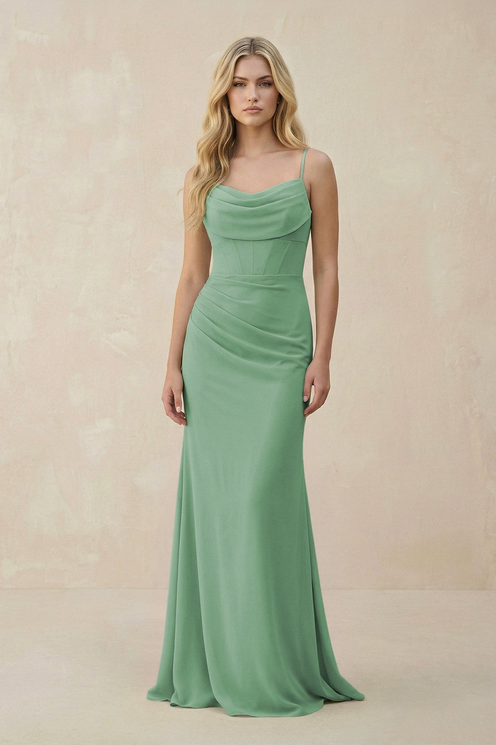 Cowl Neck Sheath Chiffon Bridesmaid Dress with Corset in Sea Glass - KissProm Bridesmaid Dresses