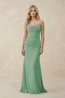 Cowl Neck Sheath Chiffon Bridesmaid Dress with Corset in Sea Glass - KissProm Bridesmaid Dresses
