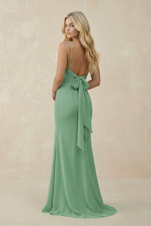 Cowl Neck Sheath Chiffon Bridesmaid Dress with Corset in Sea Glass - KissProm Bridesmaid Dresses