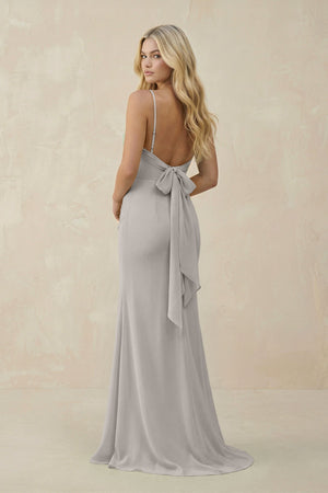 Cowl Neck Sheath Chiffon Bridesmaid Dress with Corset in Silver - KissProm Bridesmaid Dresses