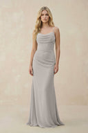 Cowl Neck Sheath Chiffon Bridesmaid Dress with Corset in Silver - KissProm Bridesmaid Dresses