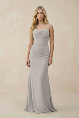 Cowl Neck Sheath Chiffon Bridesmaid Dress with Corset in Silver - KissProm Bridesmaid Dresses