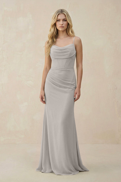 Cowl Neck Sheath Chiffon Bridesmaid Dress with Corset in Silver - KissProm Bridesmaid Dresses